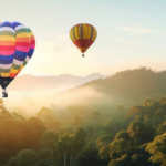 Hot air balloon flying over a misty jungle