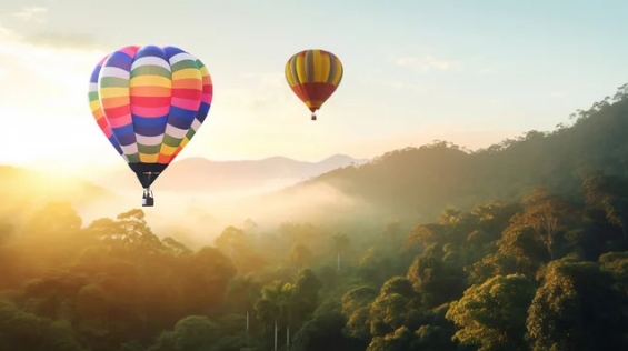 Hot air balloon flying over a misty jungle